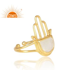 Bague en pierre de lune arc-en-ciel en gros, design main de Hamsa, plaqué or 14 carats, argent 925, bague à bande réglable, bijoux - Product Image 3