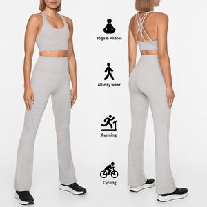 Taille haute Bootcut pantalons de Yoga pour femmes Leggings évasés poches entraînement décontracté salon cloche bas jambe <span class=keywords><strong>large</strong></span> pantalons de survêtement ensembles solides - Product Image 6