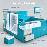 Kiosque mobile de réparation de centres commerciaux personnalisé avec éclairage LED bleu lac, panneaux d'affichage Slatwall, vitrines en verre trempé et armoires de rangement à tiroirs