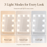 Miroir de Maquillage Carré Pliable de Bureau HD avec Éclairage LED, Finition Blanc Argent, 9 Ampoules LED, Interrupteur Tactile Intelligent en Métal, Grossissement 1X/10X, Vente en Gros DC