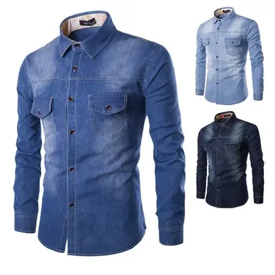 New Denim Shirt Men Plus Large Size Cotton Jeans Cardigan Casual Fashion Two-pocket Slim Fit Long Sleeve Shirts For Male M-6XL