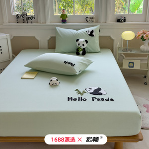 Hello Panda Pure Cotton <b>Fitted</b> <b>Sheet</b> 1.2m 1.5m 1.8m Cooling Mat Three Piece Set Cartoon Embroidery Summer Bedding - Product Image 2