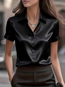 Chemisier à manches courtes pour femme, coupe ajustée, élégant, col à revers, couleur unie, idéal pour le bureau et le quotidien - Product Image 3