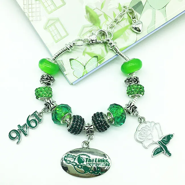 Liberty Gifts cadena hecha a mano hermandad griega verde Diy los enlaces 1946 encanto hermandad pulsera señora joyería de moda