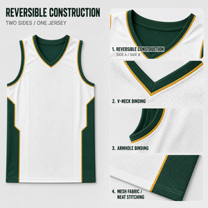 Maillot de basket-ball réversible personnalisé vert et blanc, débardeur respirant en maille nid d'abeille pour les compétitions de basket-ball d'équipe - Product Image 3