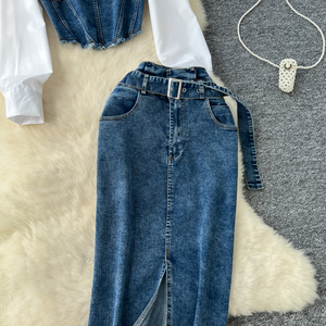 Bộ váy denim nữ dáng ôm, chất liệu trơn, tay dài, có đường may ở eo, <span class=keywords><strong>size</strong></span> lớn, thích hợp cho mùa hè. - Product Image 5