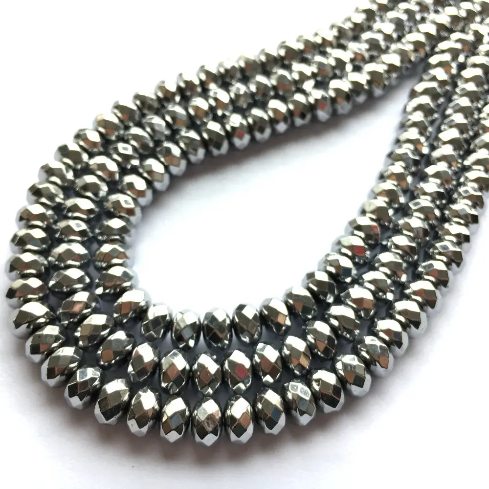Natural Silver Hematite Faceted Rondell Gemstone Beads Semiprecious Stone Jewelry necklace and bracelet