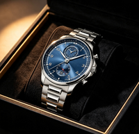 Montre mécanique à remontage automatique pour homme, style business, fonction chronographe, cadran bleu, bracelet en cuir de vachette