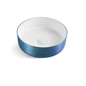 Haber tasarım altın mavi elektrolizle dairesel porselen seramik masa üstü yuvarlak sanat havzası banyo