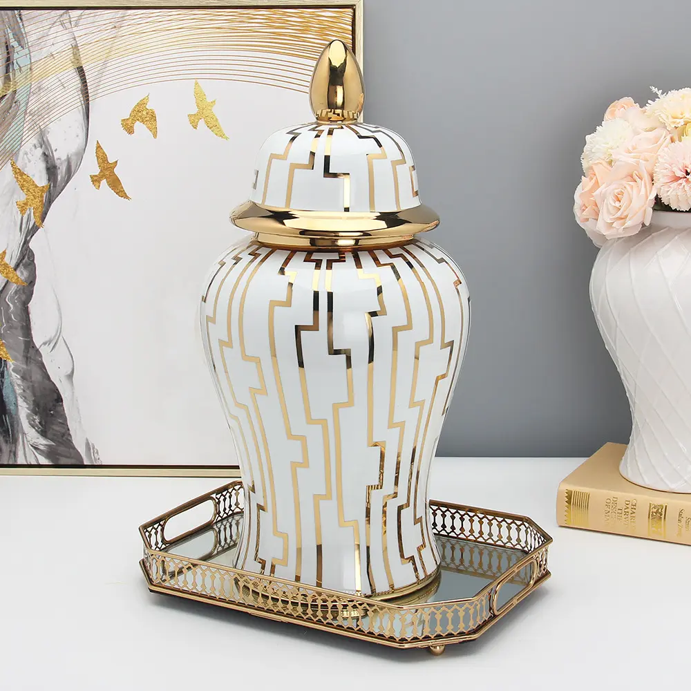 Atacado Personalizado Branco E Ouro Listrado Casa Decorativa Grande Alto Big Floor Cerâmica Gengibre Jar Vaso Com Tampa Para A Flor ouro v