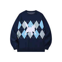 Pull en coton 100% pour femmes, style preppy, à motif argyle, crocheté, manches longues et logo sur le devant