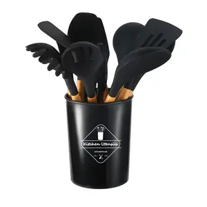 Spatule antiadhésive de luxe coréenne cuillère pince à aliments ustensiles de cuisine en silicone batterie de cuisine 12 pièces avec support de poignée en bois