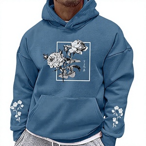 Sudadera con Capucha Azul con Estampado Floral, Unisex, de Algodón, Estilo Casual Urbano, con Bolsillo y Diseño de Texto Japonés - Product Image 3