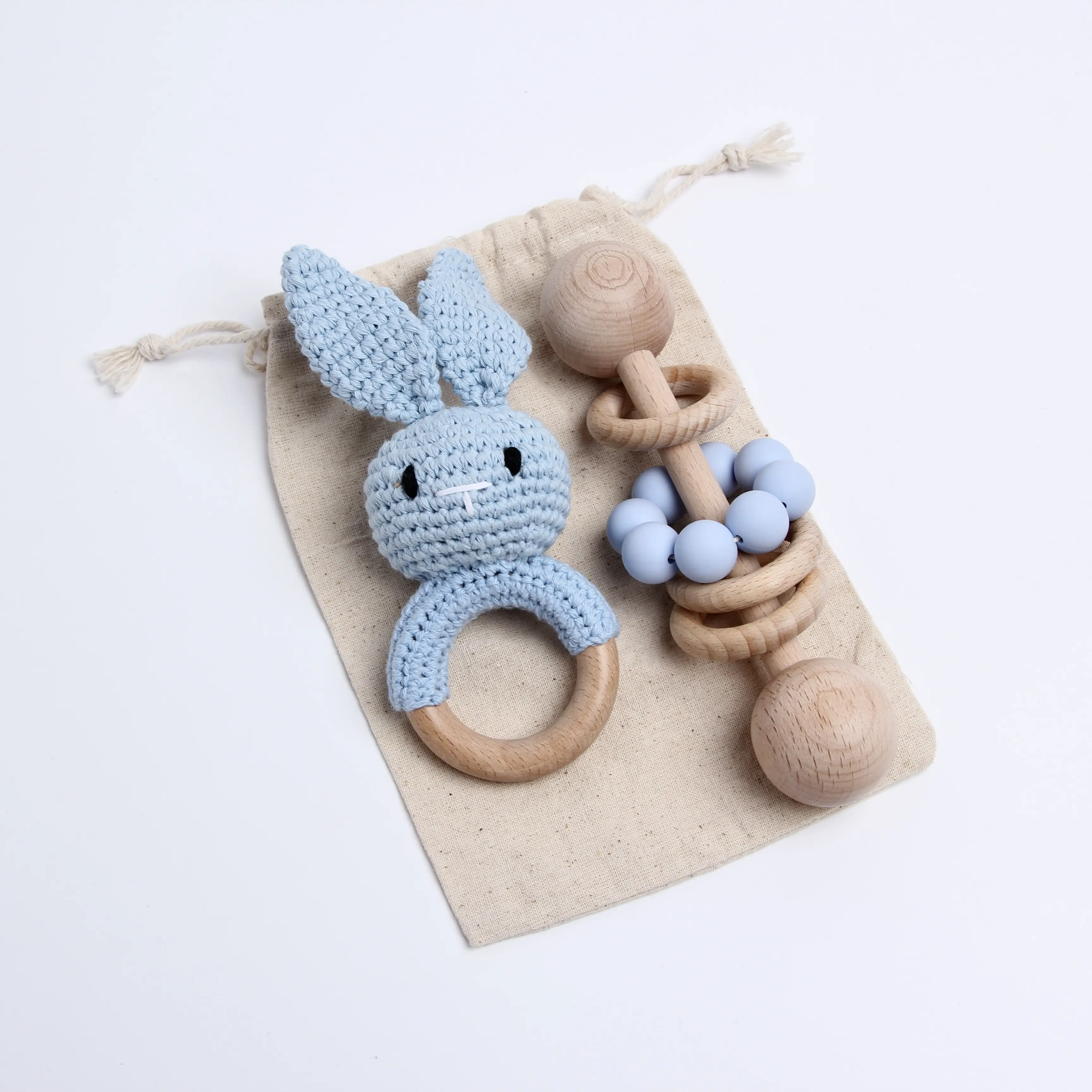 Wholesale Hippo Bunny Whale Animal Baby Wooden Ring Rattle Toys Handmade Crochet Whale Teething Toy Crochet Doll Toys