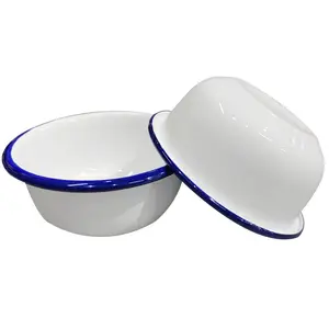 Kitchen white custom logo printed blue rim thick metal fruit food soup serving rolled rim enamel coated salad bowl