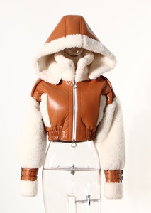Giacca da donna di moda invernale con colori a contrasto felpa con cappuccio giacca di lana giacca di pelle di pelliccia da motociclista - Product Image 4