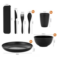 Ensemble de vaisselle moderne de luxe écologique en plastique noir de 16 pièces, bols, assiettes, couverts, tasses pour le camping en plein air, les voyages, les pique-niques