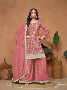 Vêtements indiens et pakistanais, ensemble salwar kameez en chinon avec palazzo et dupatta, taille plus, pantalons palazzo, ensembles de costumes en gros - Product Image 4