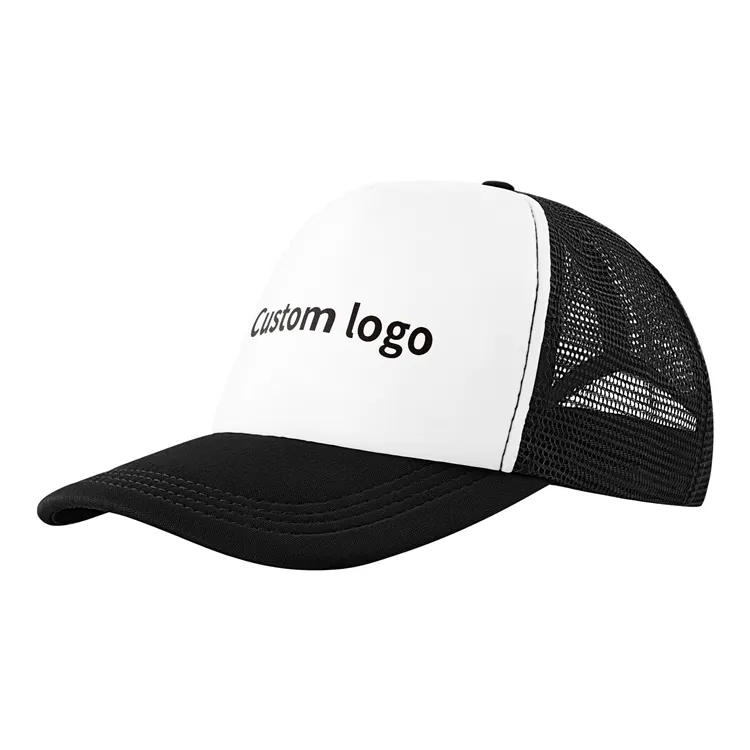 Kamyon şoförü sünger özel örgü baba şapkası özel nakış logosu 5 paneli snapback şapka pamuk ucuz beyzbol şapkası siyah ve beyaz