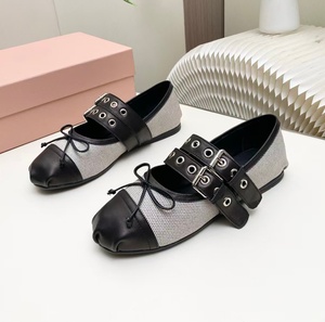 New brand American-style chic teenage double-button canvas patchwork cowhide <b>bow</b> tie one-strap flat ballet shoes - Product Image 6