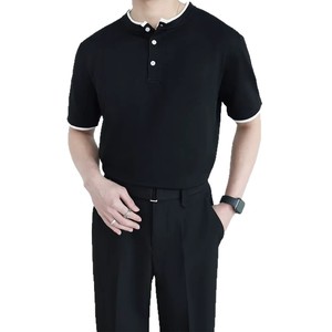 Men's Gray Short Sleeve Henry Polo Shirt Solid Color Breathable Base Layer <b>Top</b> For Teenagers - Product Image 5