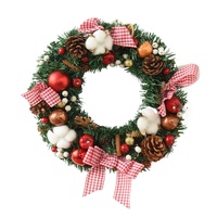 Karangan Bunga Natal 35cm 45cm Dengan Pita Kotak-kotak Kapas Kerucut Pinus Karangan Bunga Gantung Pintu Depan Dekorasi Rumah Natal