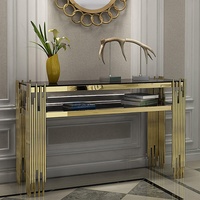 Table console décorative de luxe moderne et durable avec plateau en verre et base en acier inoxydable doré pour couloir ou salon