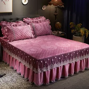 자수 침대 스커트 디자인과 쿠션 홈 섬유 레이스 벨벳 두꺼운 침대보 침대 커버 침구 세트