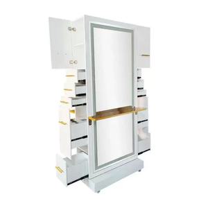 Hair Salon Furniture <b>Makeup</b> <b>Mirror</b> Double Sided Gold Stainless Steel Hairdressing Barber <b>Mirror</b> Styling Station with LED - Product Image 2