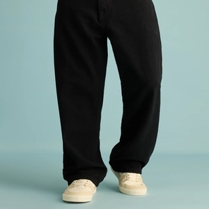 Jean pour homme en denim noir délavé, à ourlet effiloché, double épaisseur aux genoux, style hip-hop, coupe large, imprimé feuille métallisée, personnalisable ODM - Product Image 2