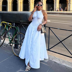 Robe midi blanche élégante pour <span class=keywords><strong>femme</strong></span>, cintrée à la taille, style africain, nouvelle collection, grande jupe évasée - Product Image 4