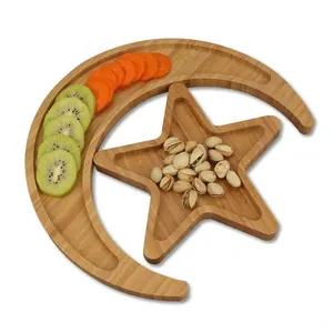 Decorative Moon and Star Shaped Bamboo Serving Trays Set of 2 for Ramadan Gifts