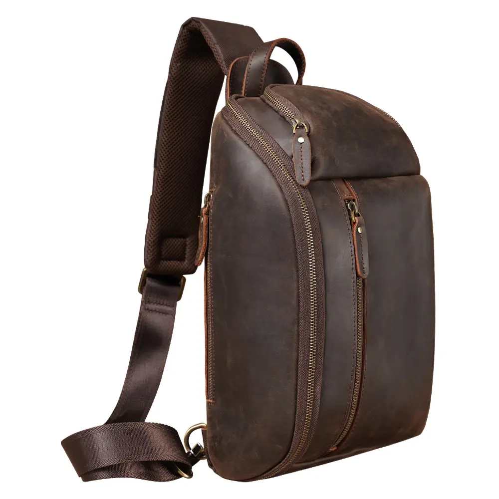 TIDING Vintage Men Brown Large Capacity Crazy Horse Leather Chest Bag One Shoulder Backpack Crossbody Sling Bag