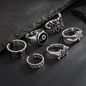 6-teiliges Hip-Hop Fünfzackiger Stern Ringset für Männer Punk Mode Schwarzer Öltropfen Kreuz Geometrischer Dicker Fingerring Männlicher Party-Schmuck - Product Image 4