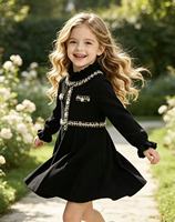 Robe pour filles en fil de soie filé à la main, garniture en tweed, boutons perlés, col montant à volants, manches longues, style tweed élégant pour filles, automne-hiver