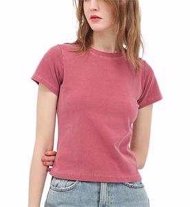 Camiseta con cuello desgastado y puños para mujer con logotipo personalizado, camiseta de manga corta lavada con cuello redondo para chica, camiseta ajustada para bebé - Product Image 2