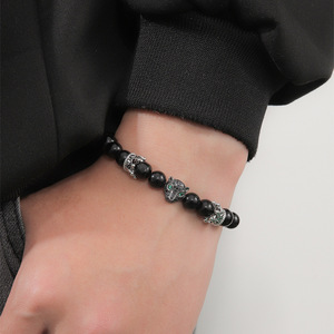 European Style Leopard Head Crown Black <b>Beaded</b> <b>Bracelet</b> For Men Copper Alloy Jewelry Engagement Gift - Product Image 1