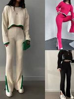 Ensemble deux pièces en tricot pour femmes, pull en tricot côtelé, haut court, pantalon large, tenue décontractée