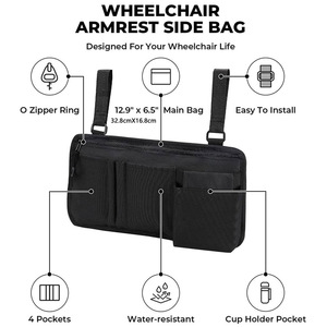 Sac de rangement multi-poches pour accoudoir de fauteuil roulant, noir, monocouche, pour fauteuil roulant, poussette, aide à la mobilité pour personnes âgées - Product Image 2