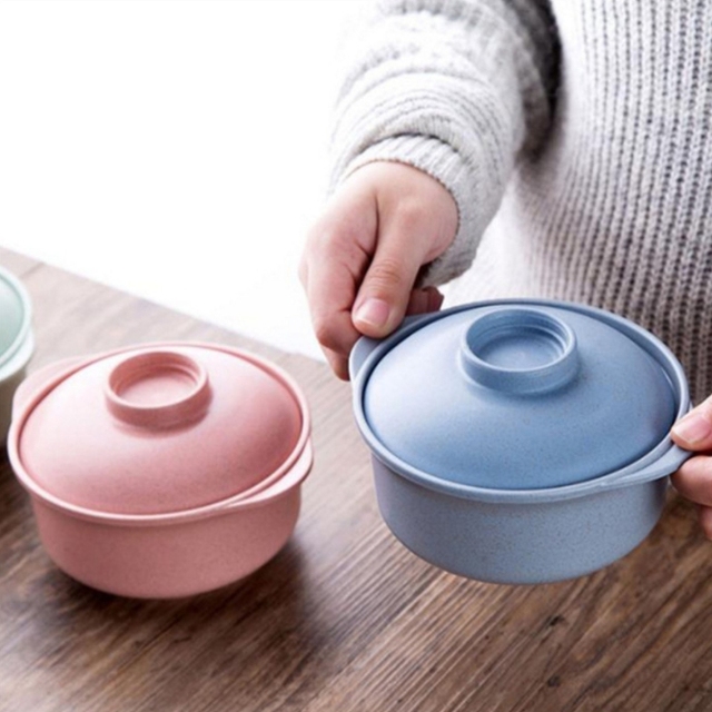 Wholesale Wheat Straw Pot Bowl Large Capacity Plastic Meal Rice Household With Lid Double Ear Bowl