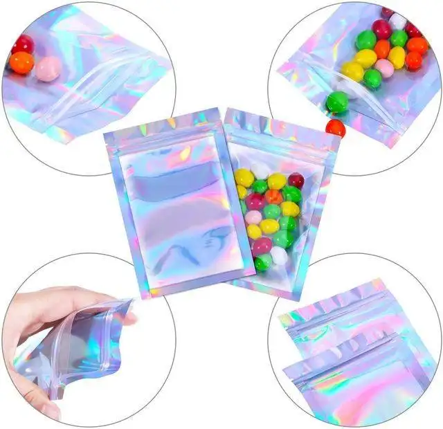 Warehouse 3 Side Heat Seal Resealable Mylar Ziplock Pouch Plastic Package Jewelry Cosmetics Customized Logo holographic Bag