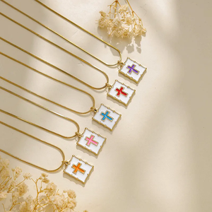 Trendy 18K Gold Plated 304 Stainless Steel Cross Pendant <b>Necklace</b> With Square Oil Drop And <b>Snake</b> <b>Chain</b> For Casual Women Jewelry - Product Image 1