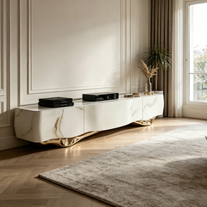 Mueble para <span class=keywords><strong>TV</strong></span> de Fibra de Vidrio con Base Curva Escultural Dorada y Patrón de Mármol Blanco para Espacios de Vida Contemporáneos de Alta Gama - Product Image 3
