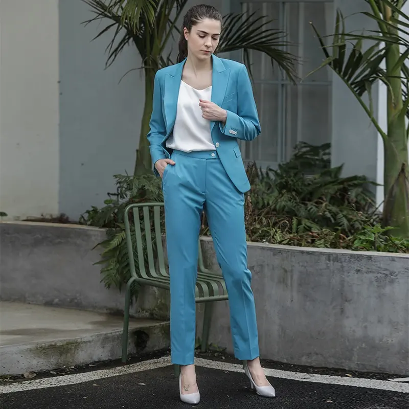 Ensemble deux pièces coupe cintrée pour bureau, tenue de fête de mariage, sur mesure, bleu ciel, costume de bureau pour femme, Blazer