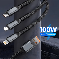 Câble de charge rapide 100W, câble de charge multi-prise, câble tressé en nylon, adaptateur de charge universel 3 en 1 avec Type-C Micro