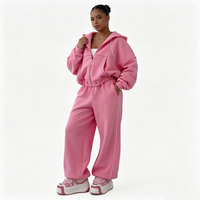 Ensemble de survêtement 2 pièces rose vieilli et surdimensionné, comprenant un sweat à capuche court zippé et un pantalon de survêtement, streetwear d'hiver pour femmes de grande taille