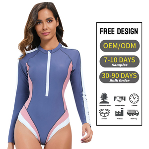 Maillot de bain une pièce à manches longues pour <span class=keywords><strong>femmes</strong></span>, avec fermeture éclair sur le devant, color block, pour le surf - Product Image 1