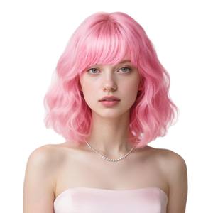 วิกผมสั้นหยิกสีชมพูพร้อมหน้าม้า 35 ซม. เส้นผมทนความร้อนสูง แนวผมธรรมชาติ คลุมเต็มศีรษะ - Product Image 1