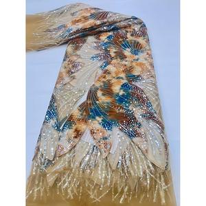 Tela de Encaje de <span class=keywords><strong>Terciopelo</strong></span> Africano 100% Poliéster Ecológico con Patrón de Rayas y Decoración de Cuentas para Vestidos y Trajes de Novia - Product Image 4