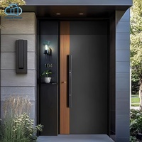 Porte d'entrée blindée moderne et minimaliste à bandes verticales avec niche latérale encastrée pour villa